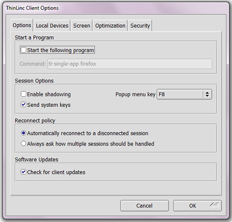 The ThinLinc Client Options window