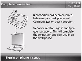 The Complete Connection screen on the Lync Phone Edition phone indicates that a connection has been detected.