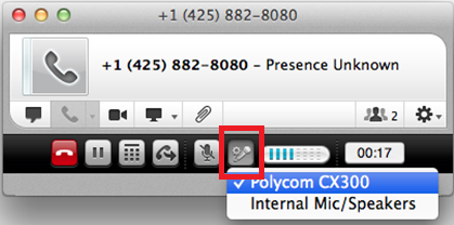 The audio device selection icon  appears in the middle of the lower edge of the Lync for Mac conversation window.
