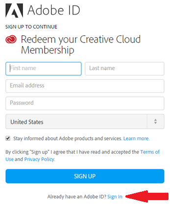 Screenshot of Adobe ID page