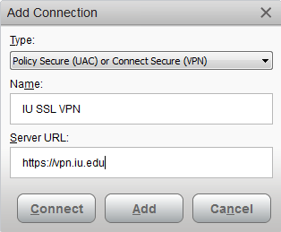 Dialog box to specify a Pulse Secure connection