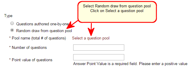 screenshot of type section with random draw selected and select a question pool link highlighted