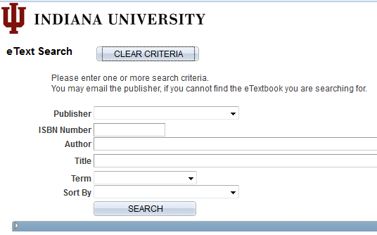 The IU eTexts Catalog search screen