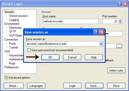 WinSCP save session screenshot
