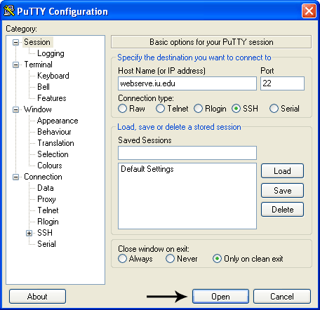 PuTTY configuration screenshot