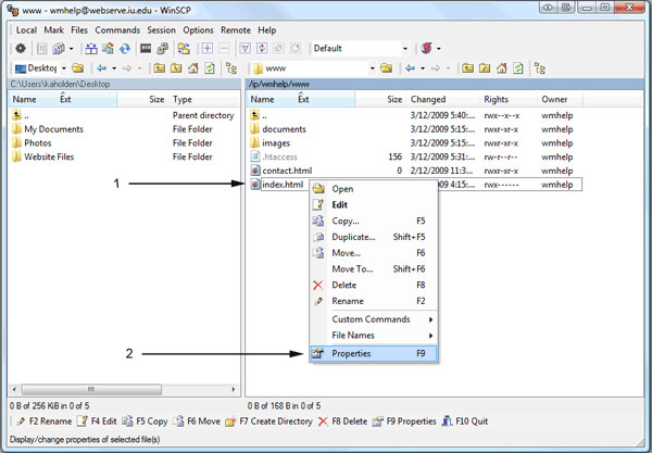 WinSCP directory structure: Selecting index.html file properties