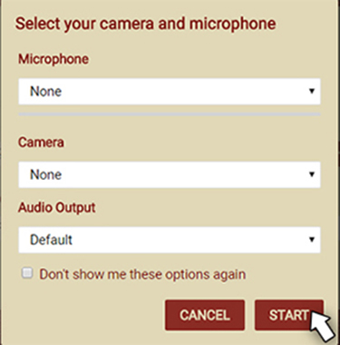 Select 'None' for 'Microphone' and 'Camera' to connect to your conference without sending your video or audio