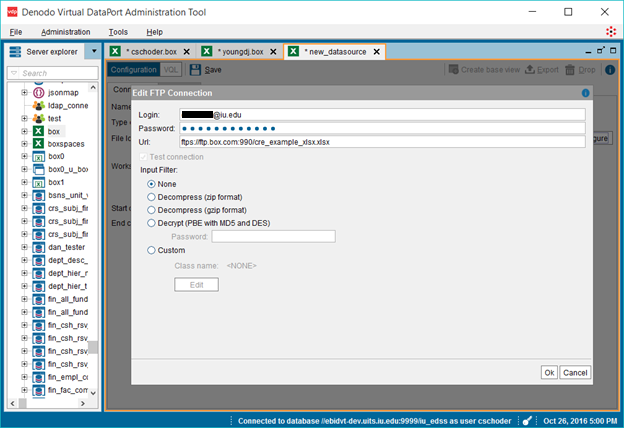 Denodo Virtual DataPort Administration Tool with Edit FTP Connection window displayed