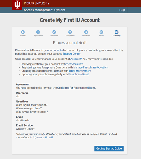 Summary screen that appears after creating first IU computing account