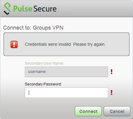 Pulse Secure invalid credentials error