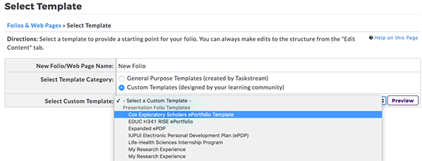 Taskstream: Select template