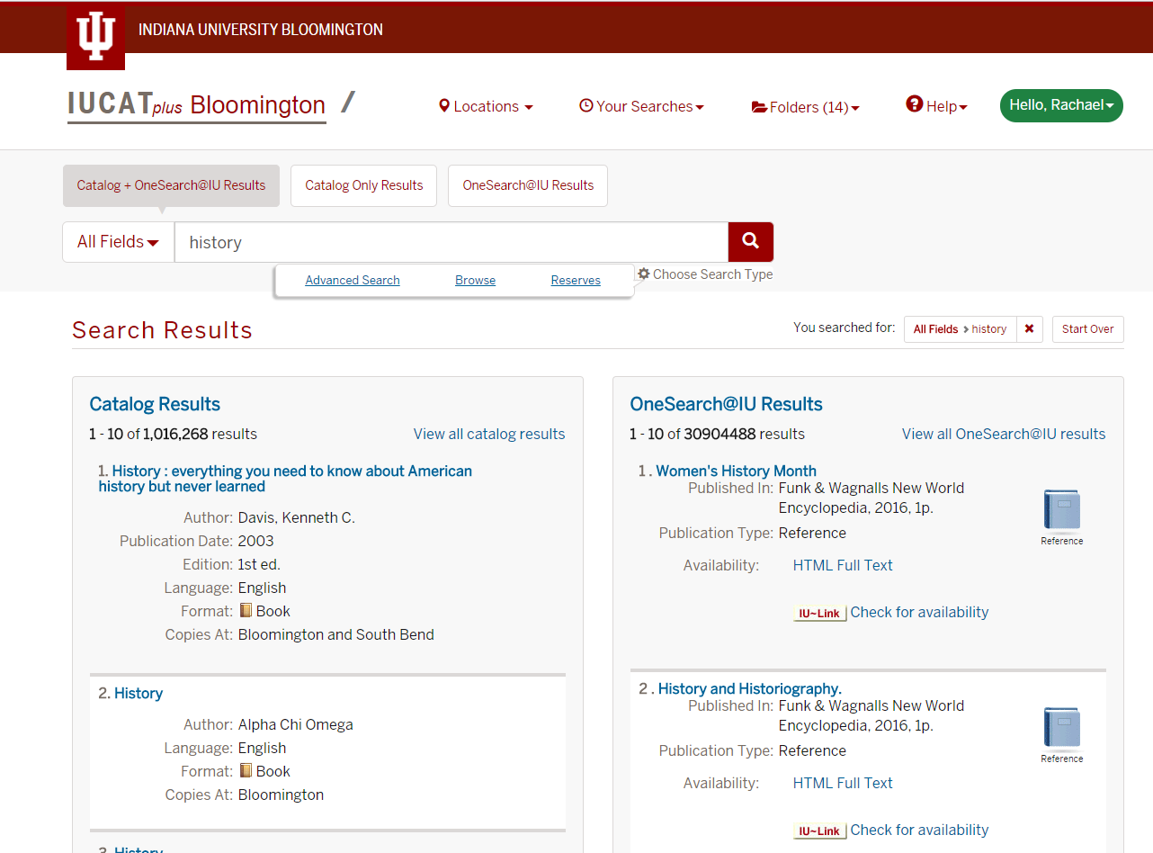 IUCATplus Catalog Results and Article Results screen