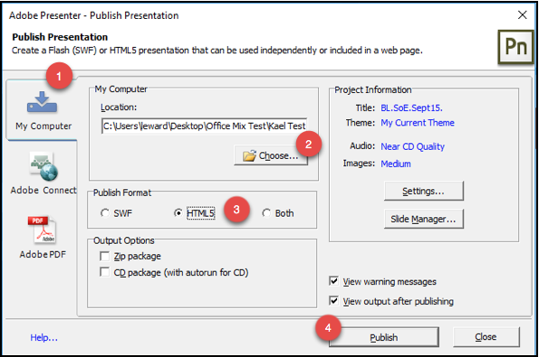Adobe Presenter: Publish Presentation screen