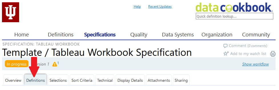 Data Cookbook specification: Definitions tab