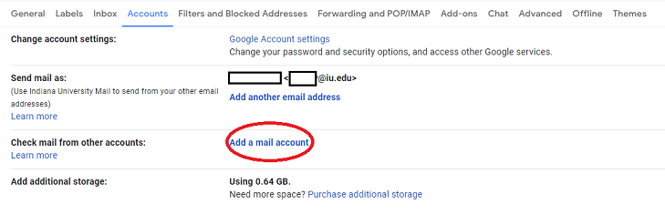 Gmail accounts screen with Add a mail account circled