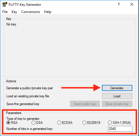 PuTTY Key Generator with Parameters box and Generate button highlighted