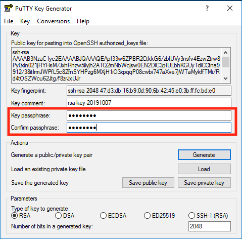 PuTTY Key Generator with passphrase fields highlighted