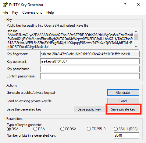 PuTTY Key Generator with Save private key button highlighted