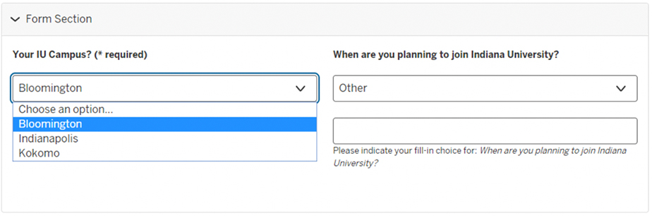 How the Drop Down List element displays on a live form (example using IU campuses as List Values) 