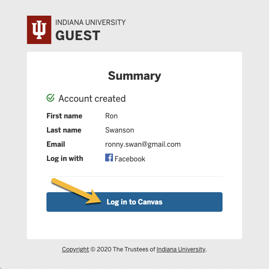 IU Guest 2.0 account creation confirmation with call-to-action button