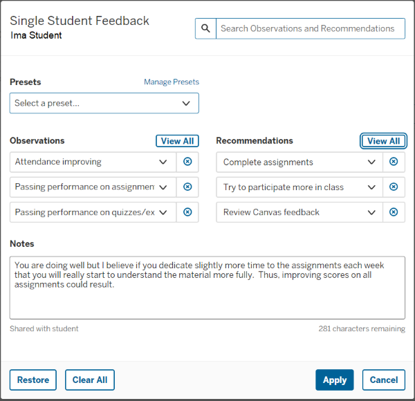 SER Single Student Feedback dialog