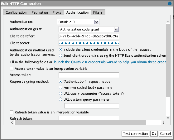 The Authorization tab in the Edit HTTP Connection dialog