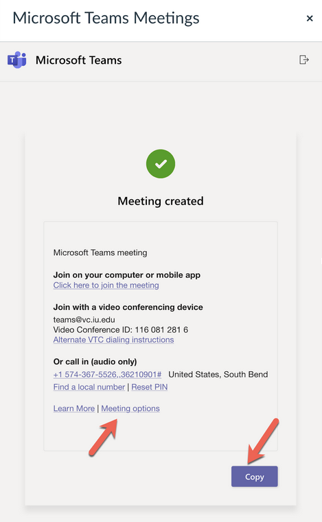 Meeting created confirmation pop-up