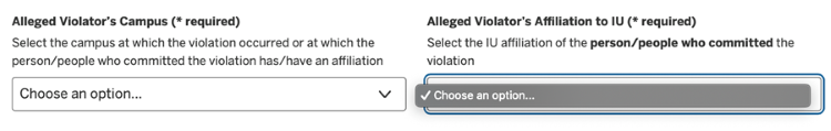 Two drop-down menus on a form. No option is selected for Alleged Violators Campus, and the Alleged Violator's Affiliation to IU menu is empty.
