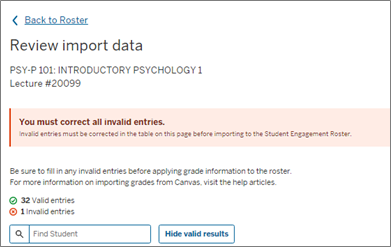 Review import data screen indicating that invalid grades need to be resolved