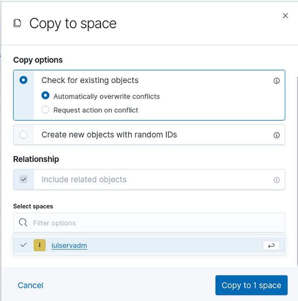 Copy to space dialog box with department code selected