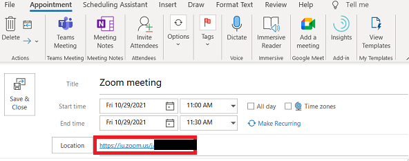 Outlook meeting invitation with Zoom URL in location field