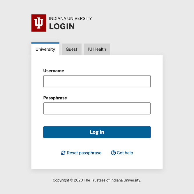 IU Login screen's University tab with username and passphrase fields
