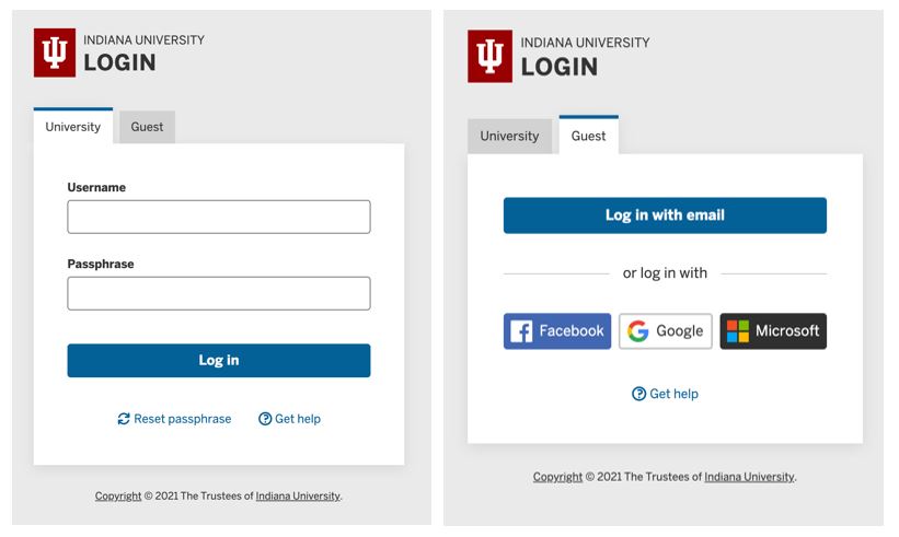 IU Login with both University and Guest tabs