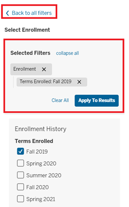 List of selected filters with clear all and apply to results options