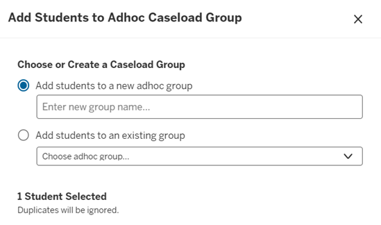 Add Students to Adhoc Caseload Group pop-up