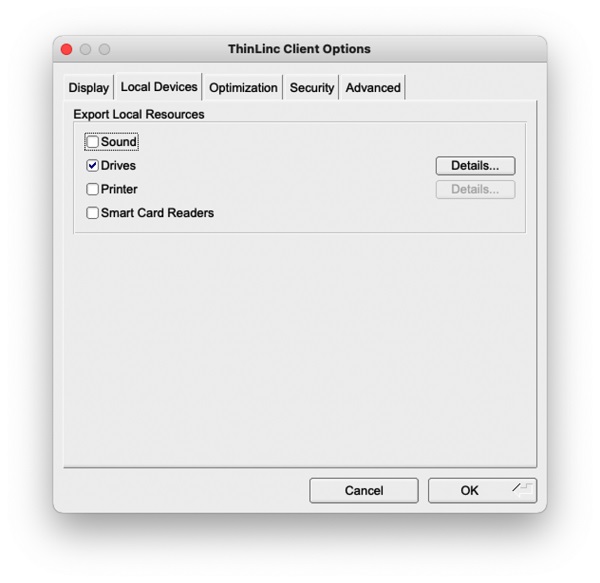 Screenshot of ThinLinc Client Options 'Local Devices' tab
