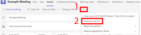 screenshot shows meeting options link after selecting menu dots