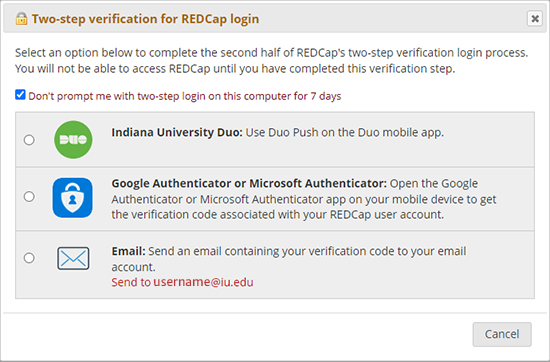 Select a two-step verification option for completing your REDCap login