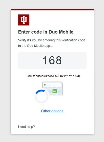 Sample Duo Verified Push prompt showing a three-digit code to enter into the Duo Mobile app