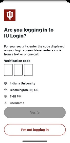 Screenshot of the Duo Mobile app, showing three boxes for input of the login code