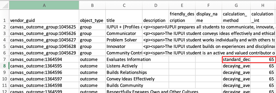 CSV file with Columns g and h highlighted for the first outcome row